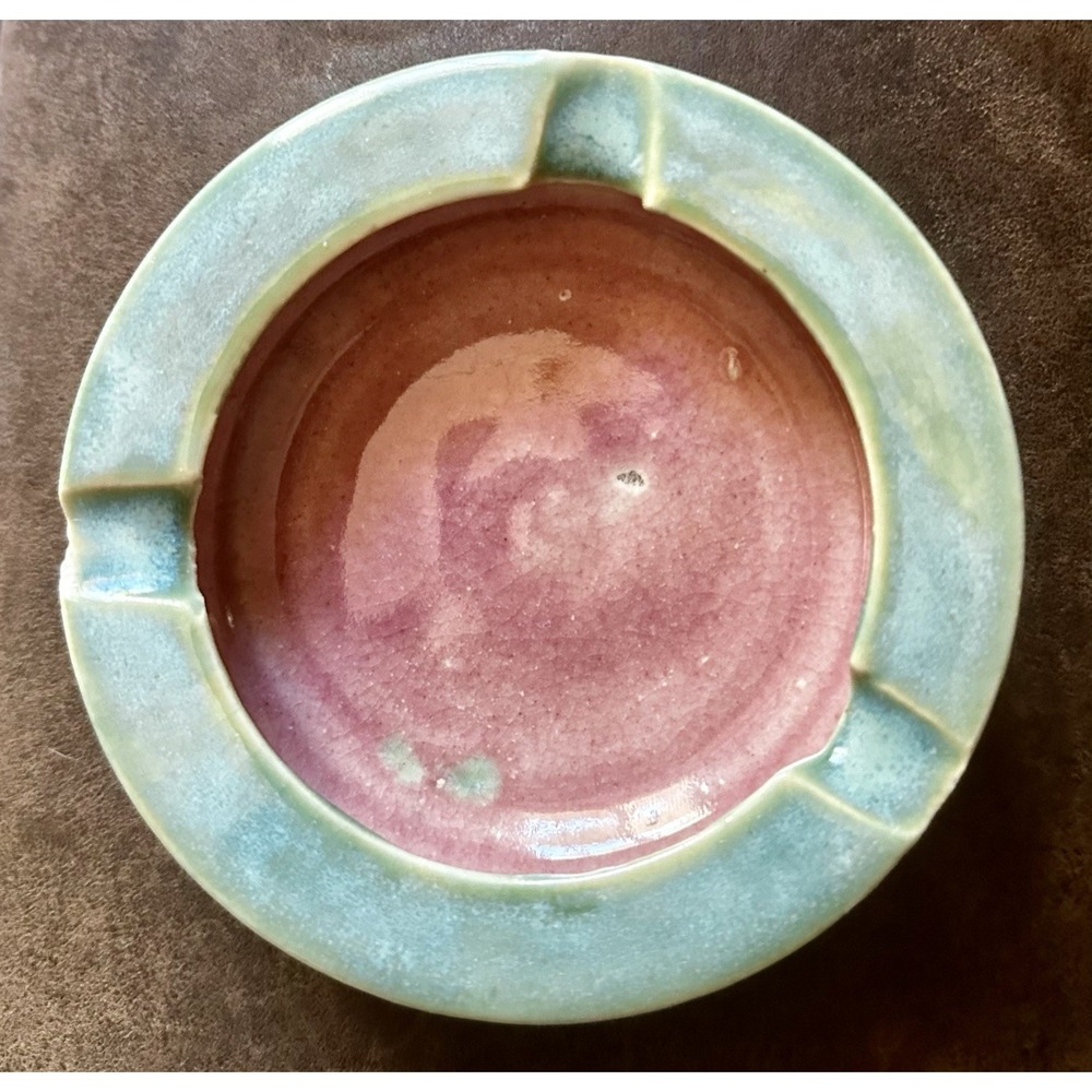 Vintage 1937 Pisgah Forest Pottery Ashtray Walter B Stephen Signed Pink Green NC
